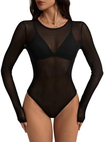 GORGLITTER Damen Durchsichtig Bodysuit Y2K Transparent Mesh Body Langarm Netzoberteil Elegant Bodyshirt Partytop Rave Festival Outfit