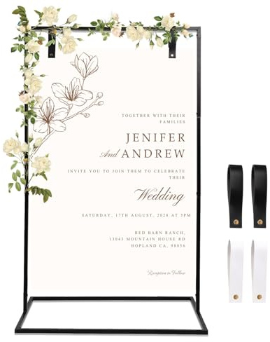 mumisuto Wedding Welcome Sign, Heavy Duty Metal Welcome Sign Stand with 4 Leather Straps Easel Rack, Welcome Sign Holder for Seating Chart, Decor, and Posters