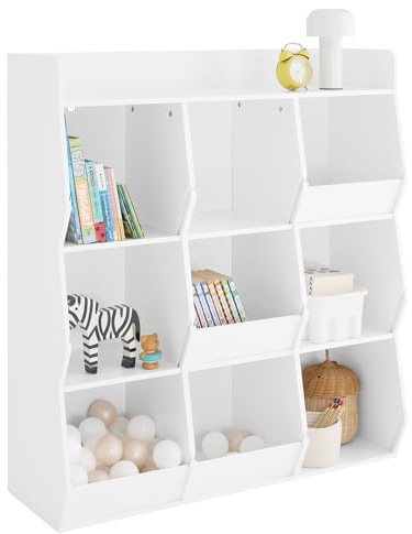 SoBuy Kinder Bücherregal Montessori 95x105x34 cm für Kinderzimmer | Regal mit 9 offenen Fächern für Spielzeug & Bücher, abgerundete Ecken, Kippschutz, Weiß KMB120-W