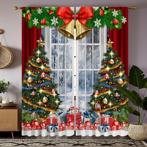 VELOMEA Weihnachtsvorhänge Rot Weihnachtsbaum Geschenke Schneelandschaft Motiv Dekorative Festliche Gardinen fürs Wohnzimmer Schlafzimmer, 2 Paneele 140×160 cm