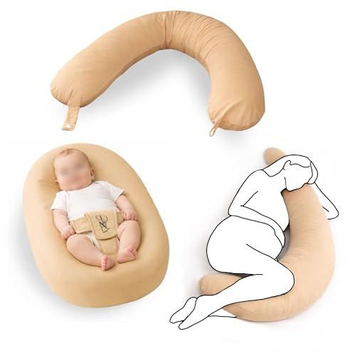 SADENN CONFORT - Coussin de Grossesse 3 en 1 - Allaitement - Cale bébé - Grossesse - 160cm, Coussin maternité 100% Coton, cale pour bébé, Rembourrage Fibre Creuse, Housse Amovible.