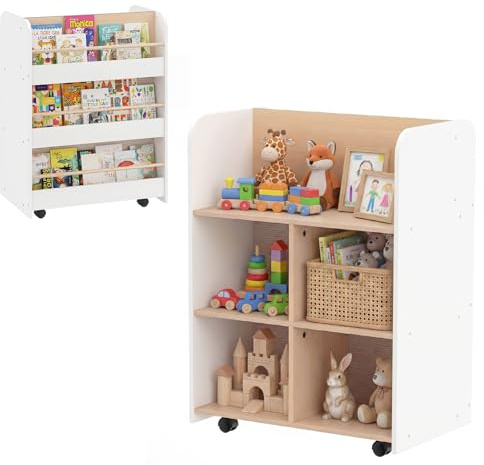 COSTWAY Bücherregal Kinder doppelseitig, Kinderregal mit 8 Fächern, Ablage & Rollen, Kinderbücherregal aus Holz, Aufbewahrungsregal für Kinderzimmer, 62,5 x 40 x 83 cm