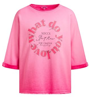SOCCX Damen Sweatshirt Oil Dyed mit Kurzarm und Frontprint Neon Rose, M/l