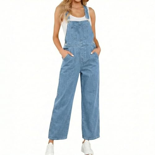 Oryvandel Salopette Jeans Donna Baggy, Tuta in Denim Pantaloni a Gamba Larga con Tasche e Spalline Regolabili, Jumpsuit Oversize Casual per Tempo Libero