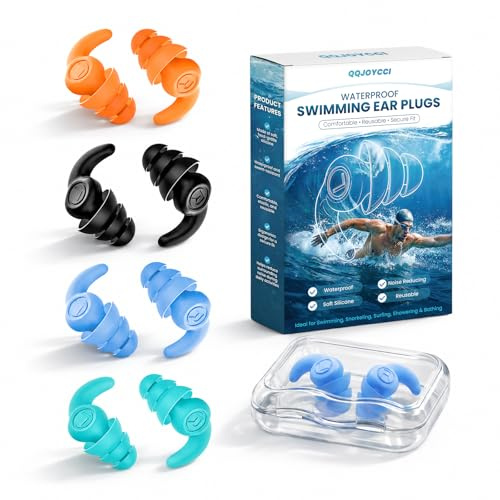 Waterproof Swimming Ear Plugs for Adults, 4 Pairs Reusable Silicone Swimmer Earplugs, Ear Protection for Showering Swimming Bathing Surfing and Other Water Sports