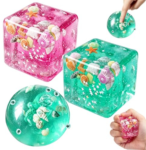 LUKIUP 3 Stück Ozean Muscheln Eiswürfel Sensory Stress Ball, Langsam Zurückprallender Knetball Mit Schwebenden Sternen, Beruhigendes Spielzeug Für Kinder & Erwachsene