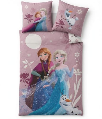 Bettwäsche Bettbezug Eiskönigin Anna Elsa Olaf 140 x 200 cm + Kissenbezug 65 x 65 cm | Wendebettlaken | weiches Polycotton | Öko-Tex zertifiziert | pflegeleicht in der Maschine | Prinzessin Kinder | 1 Person