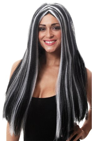 Halloween-/Karnevalsperücke Morticia Schwarz/Weiß, 65 cm