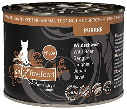catz finefood Purrrr Wildschwein Monoprotein Katzenfutter nass N° 109, für ernährungssensible Katzen, 70% Fleischanteil, 6 x 200g Dose