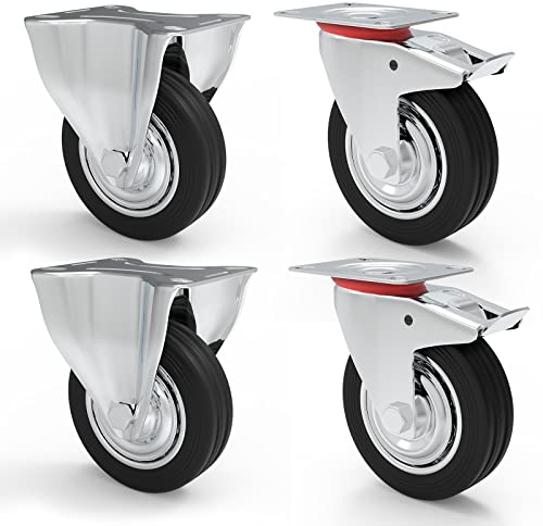 PRIOstahl Transportrollen 125mm 4er Set - Lenkrollen Bockrollen mit Bremse Schwerlastrollen - Möbelrollen Vollgummi schwarz Werkstattrollen