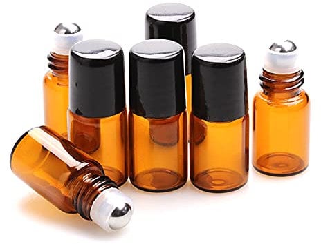 25 Pack 2ml Amber Micro Glass Roll on Perfume Bottle Refillable Stainless Steel Roller Ball Essential Oil Liquid Bottle with Black Caps Sample vials Cosmetics Small Bottles (2ml)
