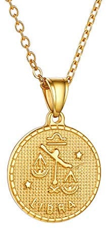 Libra 12 Zodiac Constellation Round Tag, Women's Horoscope Sign Coin Necklace