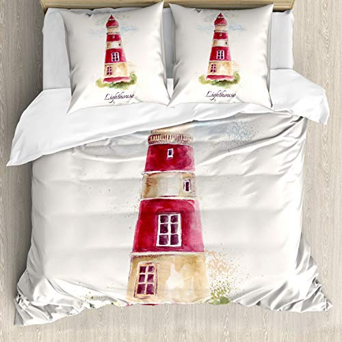 ABAKUHAUS Leuchtturm Bettbezugs Set Für Doppelbetten, Pastell Aquarelle, Milbensicher Allergiker geeignet mit Kissenbezügen,Hellbeige Rot