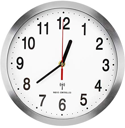 Lawei Funk Wanduhr Funkuhr aus Aluminium Wanduhren Küchenuhr Automatische Umstellung - Silber, 25cm