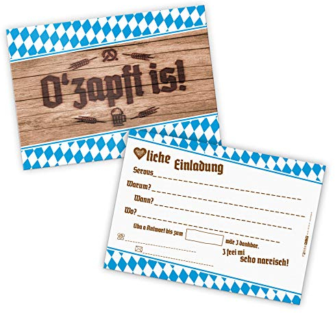 itenga 12x Einladungen O'zapft is I ideal als Karten für bayrische Anlässe, Geburtstage oder Mottopartys I DIN A6, quer I rustikale Holzoptik DEKO Oktoberfest