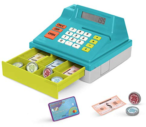Battat – Toy Cash Register for Kids, Toddlers – 48Pc Play Register with Toy Money, Credit Card – Blue Calculating Cash Register – Pretend Play Toy – 3 Years + – Blue Calculating Cash Register