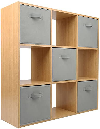 Charles Jacobs Oak 9 Cube Storage Shelving Unit + 5 Grey Fabric Drawers