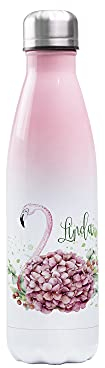 GRAZDesign Thermosflasche 500ml mit Namen personalisiert aus Edelstahl, Rosa-Weiß, Trinkflasche für Frauen, Mädchen Motiv Schmetterling Mandala (Flamingo Schwan mit Blumen, 500ml Rosa-Weiß)