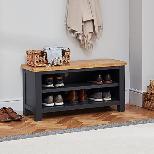 The Furniture Market Cotswold Charcoal Grey Painted Shoe Storage Bench – Adjustable Shelf, Natural Oak Top, Multi-Functional Hallway Organizer - H 500mm x W 1000mm x D 360mm