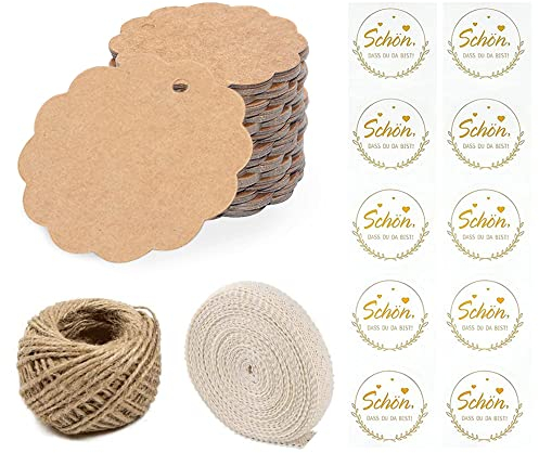 GIRAFEDA 100 Stück Geschenkanhänger Kraftpapier Anhänger Braun Papieranhänger Rund Paketanhänger +Schön Dass Du Da Bist Stempel+30m Hanfseil+4.5m Spitzenband für Weihnachten Hochzeit Geburtstag DIY