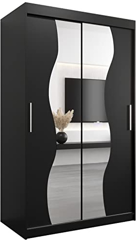 KRYSPOL Schwebetürenschrank Madryt 120 cm mit Spiegel Kleiderschrank mit Kleiderstange und Einlegeboden Schlafzimmer- Wohnzimmerschrank Schiebetüren Modern Design (Schwarz)