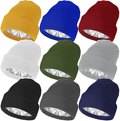 9 Pcs Satin Lined Winter Beanies Silk Lining Hats Acrylic Knitted Watch Hat Slouchy Beanie Caps Soft Warm Satin Lined Hats, Dunkle Farbe, Einheitsgröße