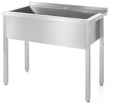 HENDI Einzelspültisch, geschweißt, Verstellbare Füße, Beckengröße: 886x443x(H)300mm, Abfluss: ø50mm, Öffnung für Wasserhähnen: ø30mm, Aufkantung: 40mm, 1000x600x(H)850mm, Edelstahl