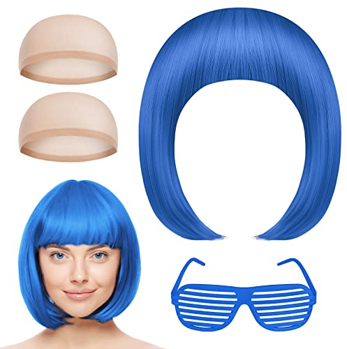 AOMIG Bob Perücke Damen, Kurze Perücke mit Pony, Synthetische Neon Perücke Frauen Bob Wig mit Neonbrille und haarnetz für Halloween Cosplay Party Karneval Fasching(Blau)