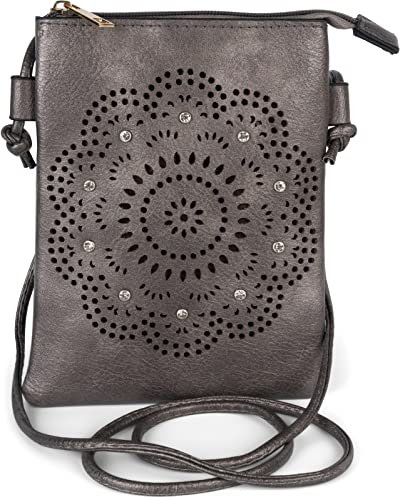 styleBREAKER Damen Mini Bag Umhängetasche mit Blumen Lasercut Cutout Muster und Strass, Schultertasche, Handtasche 02012367, Farbe:Antik-Grau