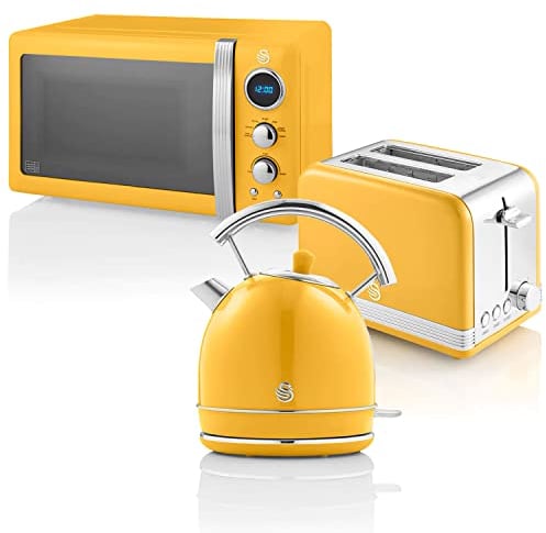 Swan Retro Set Desayuno Hervidor de Agua 1,8 L, Tostadora Pan Ranura Ancha 2 Rebanadas, Microondas Digital 20L, 6 Niveles de Potencia,Temporizador, Puerta Espejo, Diseño Vintage, Amarillo, Talla Única