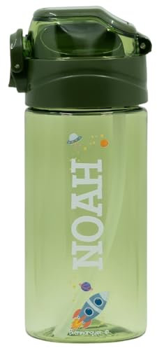 EASY2NAME Personalised Drinking Bottle for children leak-proof children's drinking bottle with straw 100% BPA-free robust bottle for boys and girls – dishwasher safe – 450ml -(Army Green)