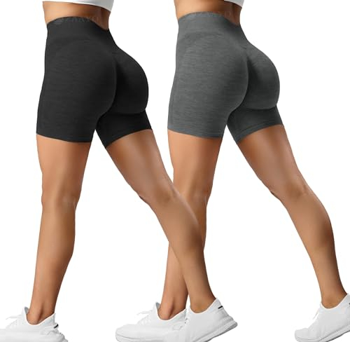 ZAAYO 2er-Pack Sport Short Damen Butt Scrunch Kurze Sporthose Laufhose Hohe Taille Kurze Hosen Butt Lift Booty Nahtlos Fitness Tie Dye Gym Shorts Hemp Black-Hemp Grey Large