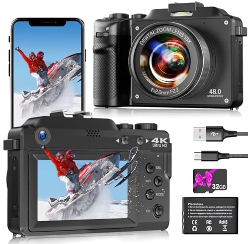 Macchina fotografica digitale compatta 4K 48MP, videocamera di registrazione video con scheda SD gratuita 64GB, zoom digitale 18x, funzione selfie dual lens