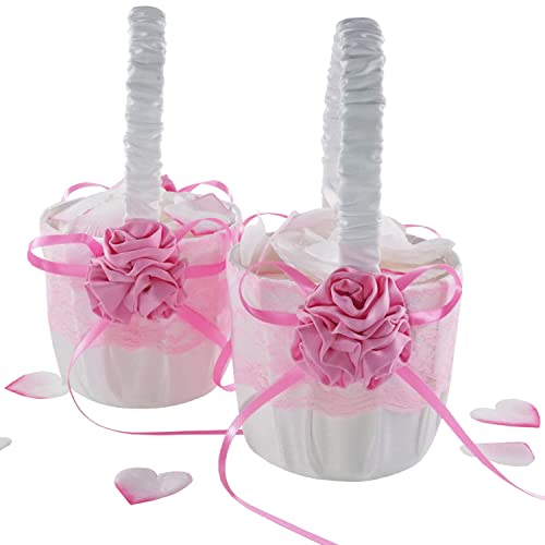 EinsSein 2x Streukörbchen Hochzeit Flower Rosé rosa weiss | Blumenmädchen Korb | Körbchen Blumenkinder für die Hochzeit | Blumenkörbchen für Kinder zum Blumen streuen | Blumenstreukörbchen mit Henkel