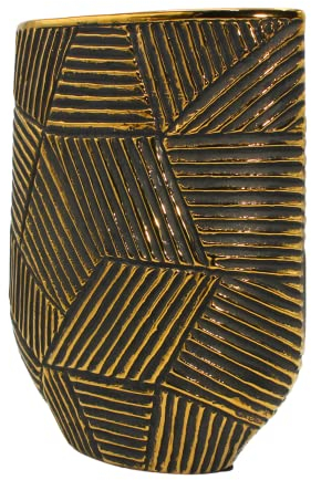 Edle hochwertige schmale Keramik Vase in Gold-schwarz, oval. gestreift, Größe: H/B/Ø ca. 27 x 22 x 5 cm