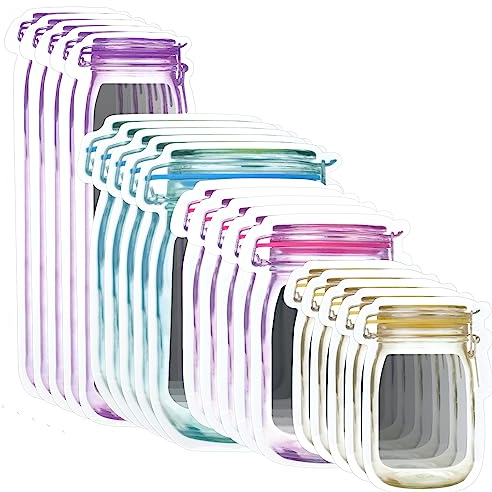 20pcs Mason Jar Bottles Reusable Zipper Lock Food Storage Bags - 5 Sizes Leakproof Food Saver Sealing Bag for Seeds, Candy, Biscuits, Spices - Portable Snack Fresh Bags