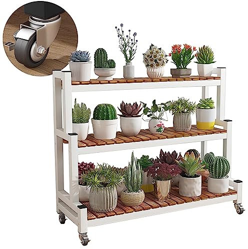 LIGUOYI Pflanzentreppe Blumentreppe Aus Metall Mit Rollen, 2, 3 Ebenen Blumentopf Ständer Platzsparend Blumenregal Pflanzenregal Für Indoor Outdoor Garten Balkon, Organizer Regal Schuhregal