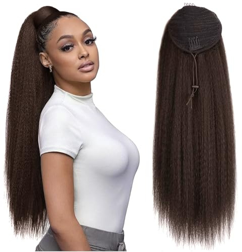 PORSMEER 80cm Lang Glattes Kordelzug Dunkelbraun Pferdeschwanz Clip in Haarverlängerungen für Frauen,Yaki Kinky Afro Haarteil Synthetik Zopf Haar Extension für Damen