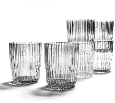 Foodesign Lot de 6 verres empilables en verre transparent, collection Geo, décorés avec lignes verticales, capacité 280 ml, L 8 x 12 H