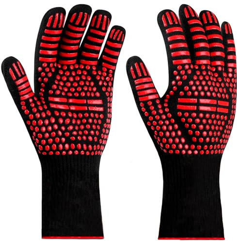 PEVLA Grillhandschuhe – Ofenhandschuhe – Küchenhandschuhe – Ofenhandschuhe – Grillzubehör – Ofenhandschuhe hitzebeständig bis 800 °C für Grill, Backofen, Kamin (rot, Modell 1, L-XL)