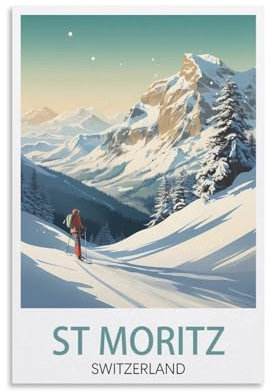 PuPLuM St. Moritz Schweiz Vintage-Reiseposter, Querformat, 20 x 30 cm, Leinwand-Kunst-Poster für Wohnzimmer, Dekoration, Gemälde für Heimdekoration