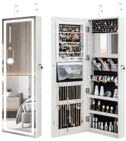 GOPLUS Schmuckschrank mit Spiegel, Spiegelschrank mit LED-Beleuchtung & Ganzkörperspiegel, Schmuckorganizer abschließbar, Türmontage & Wandmontage, 40 × 12,5 × 120cm, Weiß