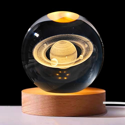 3D Kristallkugel Nachtlicht, 8cm Sonnensystem Glaskugel, 3D Sonnensystem Planeten Lampe mit USB, Kristallkugel Nachtlicht Kreative Nachtszene Astronomie LED Ball Lampe Mit Holzsockel für Home Deko