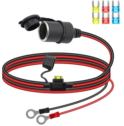RIIEYOCA 12V/24V Cigarette Lighter Socket Extension Cable, Car Cigarette Lighter Female Socket to O Ring Terminal Cord with Waterproof Cover and 20A Fuse for Cars, Boats, etc.(1M)