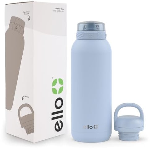 Ello Cooper 40oz Stainless Steel Water Bottle with 2 Lids Chug and Straw | Leak Proof | Double Walled and Vacuum Insulated | Built in Carry Loop | Dishwasher Safe | Halogen Blue