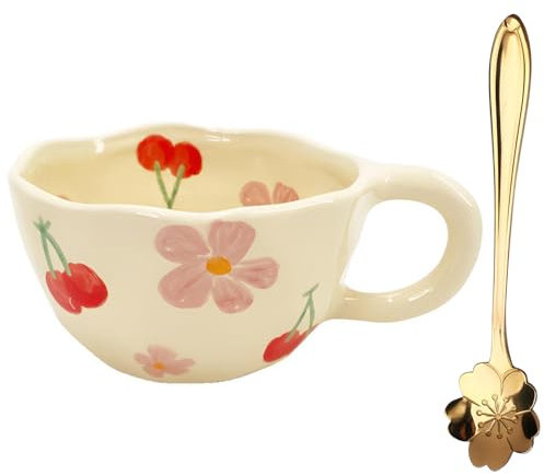 300mL Mugs for Women,Handmade Cute Mug,Ceramic Coffee Cup,Kawaii Coffee Cup Cute Mugs with Spoon,Aesthetic Flower Ceramic Mugs for Tea,Milk,Cappuccino,Cocoa,Mug Gift for Women,Girls,Mum (Pink)