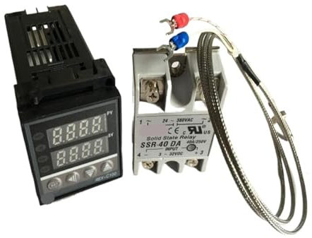 UYCUODLUY Digital PID Temperature Controller REX-C100 Thermostat REX-C100FK02-V*AN + Max.40A SSR Relay + K Thermocouple Probe 1M Mini Relay