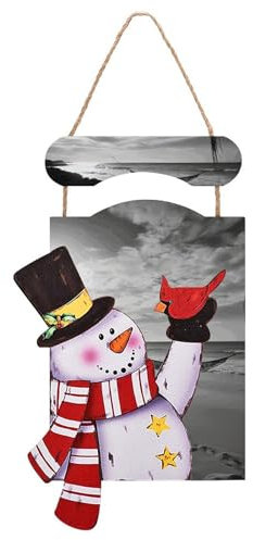 VFKLT Weihnachts-Schneemann zum Aufhängen, Holzbild, Winterdekorationen, Gemälde, Schwarz-Weiß-Strand-Druck, dekorative Malerei, Weihnachtswanddekoration