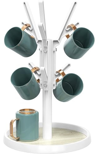 Simple Houseware 360 Turntable Mug Holder Tree for Countertop, White | Holds 6 Coffee Mugs or Cups, Space Saving Kitchen Organizer, 12 D x 12 W x 19 H