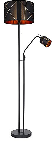 Stehlampe Wohnzimmer mit Leselampe Deckenfluter schwarz gold, Textilschirm, Leseleuchte flexibel getrennt schaltbar, 1x E27 1x E14, DxH 40x175 cm